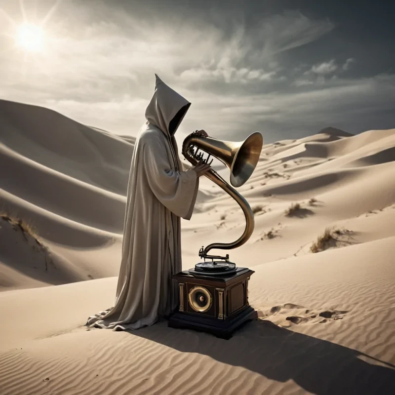 Photorealistic, Ultra HD portrait of a whimsical, levitating vintage phonograph, its brass horn emitting ethereal, otherworldly melodies, set against a surreal, monochromatic landscape of undulating, shadowy dunes, with volumetric lighting casting dramatic shadows and emphasizing the intricate, art deco design, and a subtle, cool bokeh effect creating a sense of isolation and enchantment, while a spectral, ethereal figure, cloaked in a tattered, hooded robe, stands silently at the edge of the frame, their face obscured by shadows, adding an enigmatic, haunting touch to the otherwise abstract scene.