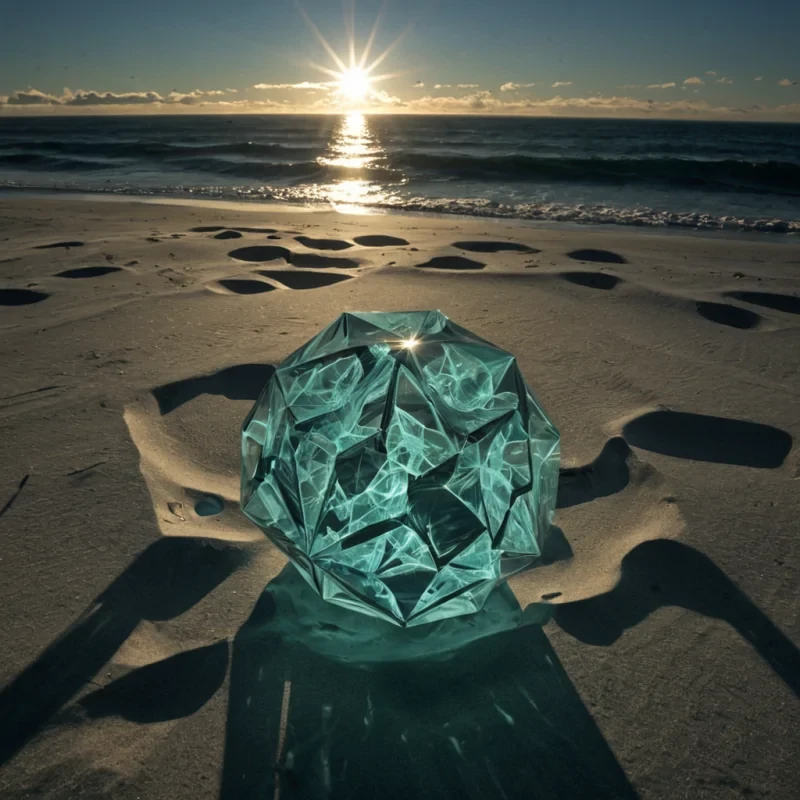 A single, geometrically perfect dodecahedron made of solidified sunlight and compressed laughter floats in the center of a vast, inverted ocean of liquid shadow, its 12 faces not flat but undulating like the surface of a slowmotion ripple, each one reflecting a different impossible landscape a city built on the backs of sleeping whales, a forest where trees grow upsidedown from the sky, a desert where dunes are made of frozen breath. The dodecahedron does not rotateit breathes, expanding and contracting in time with the pulse of a distant, unheard symphony, its edges glowing with a faint, selfsustaining aurora that writes equations in the air using light as ink. Around it,