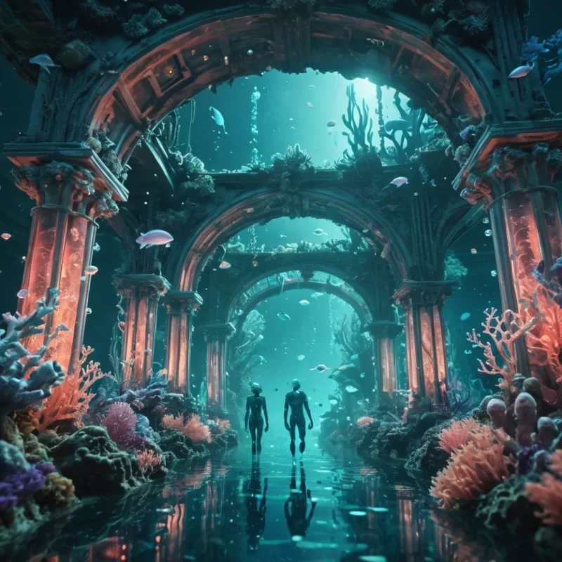 A bustling underwater city illuminated by bioluminescent flora, where humanoid figures with translucent skin and glowing veins navigate through coral arches, hyperrealistic, 8K, cinematic lighting, volumetric lighting, atmospheric effects, dynamic lighting, bokeh effect, soft focus, lens flare, pastel tones, detailed textures.