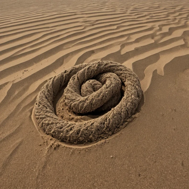 A single, selfoscillating tangle of reversed gravity, shaped like a 13dimensional knot of unformed weight and inverted descent, hovers at the center of a vast, inverted desert of solidified dusteach grain frozen midsuspension in the exact moment between a whisper and its absence, a footstep and its echo, a sandstorm and its silence. The tangle does not pullit unweights, each spiraling strand shedding a layer of gravitational potential that never coalesced into a shared fall, reforming into ephemeral, obsidianthreaded afterimages shaped like the negative space between two dunes that never collided, suspended in the still, breathless breath of a world that once dreamed of motion but