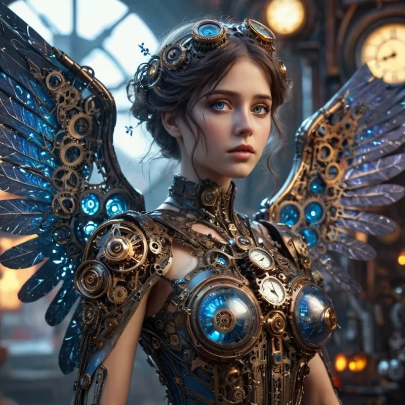 A hyperrealistic, 4K, ultra HD portrait of a clockwork angel, her gears and cogs intricately woven into her iridescent wings. Her eyes, a deep, shimmering sapphire, hold the secrets of time itself. The angels hair, a cascade of shimmering stardust, gently pulses with an otherworldly glow. The background is a surreal, steampunkinspired landscape of whirring gears and glowing neon lights, with distant clock towers and steampowered airships casting a soft, ethereal glow. Cinematic lighting accentuates the angels mechanical features, while a subtle bokeh effect blurs the industrial backdrop, creating an enchanting atmosphere.