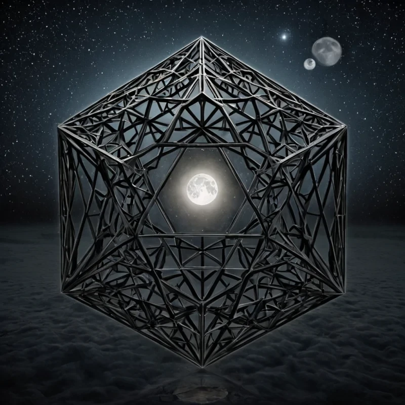 A single, selfrotating lattice of solidified moonlight, shaped like a 4dimensional icosahedron of inverted reflection and unformed stillness, hovers at the center of a vast, inverted observatory built from the petrified silences of a civilization that measured meaning not by symbols, but by the duration of synchronized, silent gazes held just before the first telescope was ever pointed at a star that never burned in their sky. The lattice does not reflectit unsees, each facet shedding a layer of celestial potential that never coalesced into a shared vision, reforming into ephemeral, moonstonethreaded afterimages shaped like the negative space between two eyes that never looked at the same point in the