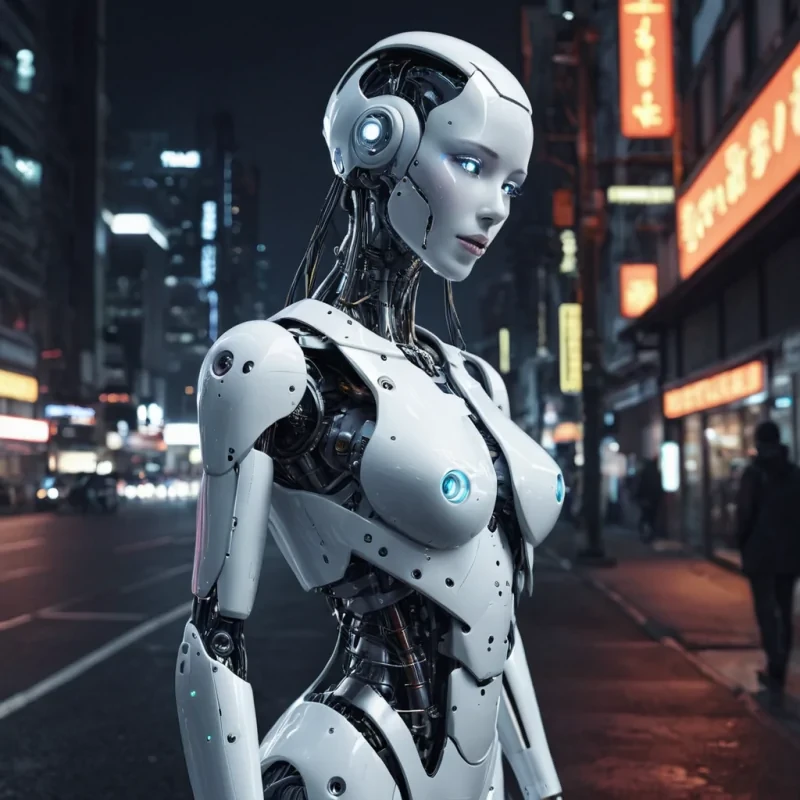 humanoid female Robot, future, night, techy, surreal