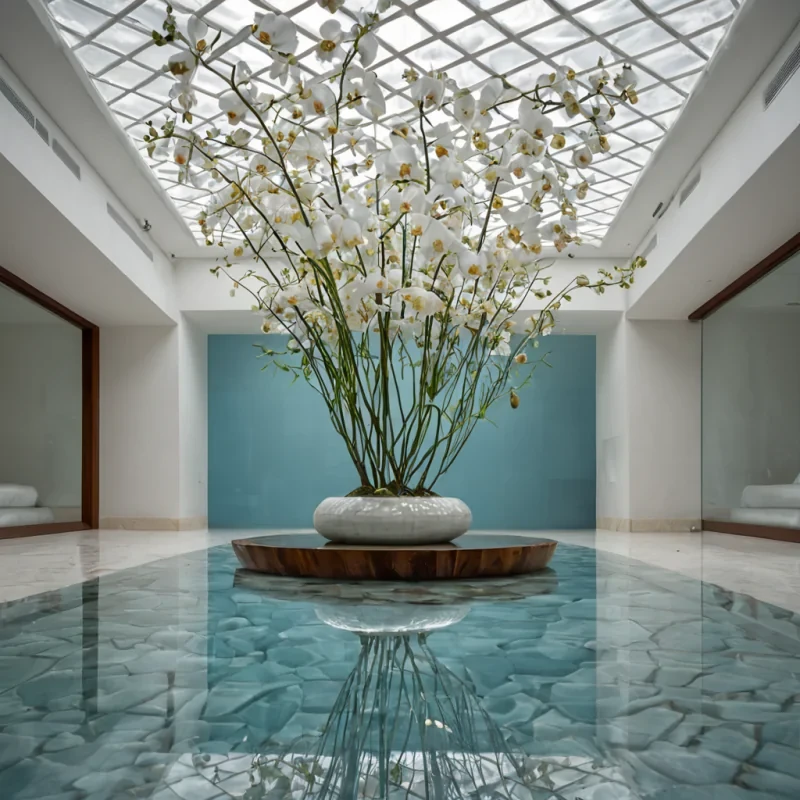 A lowangle, photorealistic shot of a serene, indoor salt lake with crystalclear, shallow water that perfectly mirrors a ceiling composed of undulating, semitranslucent alabaster panels. The floor is covered in smooth, white geometric tiles that disappear beneath the still water, creating an illusion of infinite depth. In the center, a minimalist, floating platform made of warm, oiled teak wood supports a single, large ceramic vessel containing a thriving colony of delicate, white orchids and trailing green vines. The lighting is soft and diffused, filtering through the alabaster ceiling to cast gentle, rippling shadows on the waters surface, while a subtle, cool blue ambient glow emanates from beneath the water line, illuminating the