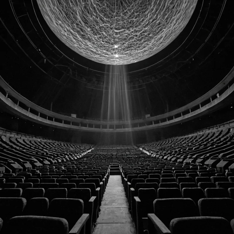 A single, selfoscillating filament of inverted moonlight pulses through the core of a floating, inverted amphitheater constructed entirely from the thermal afterimage of a thousand unapplauded performances that never resonated in the ears of a world that never stood to cheer. The filament does not illuminateit unperforms, each pulse dissolving a moment of expression into its original silence, releasing a wave of negative ovation that fractures the fabric of recognition into a drifting mist of topaz, geometric claps, each one etched with the chromatic residue of a name that never echoed through the rafters of a theater that never held an audience. The amphitheaters seats are not occupiedthey are suspended in midunoccupation, each