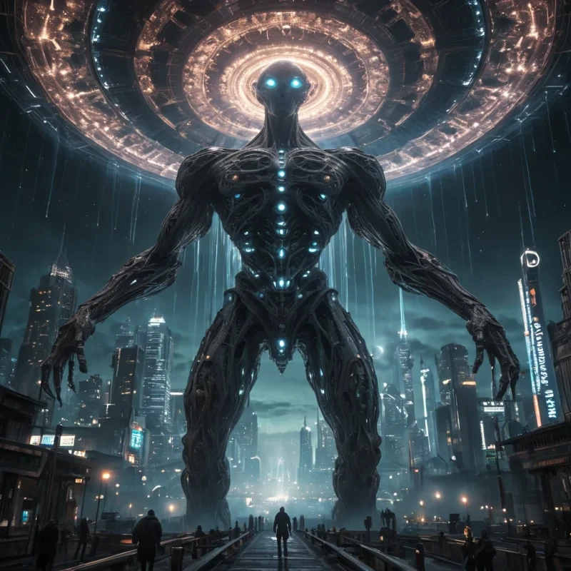 Photorealistic, Ultra HD, colossal, ancient, cinematic, levitating, crystalline colossus, its detailed, fractal surface adorned with intricate, 4K, neonlit filigree, hovers silently over a desolate, alien, neonlit metropolis. The colossus massive, volumetric, antigravity engines cast intricate, atmospheric shadows across the urban landscape, while its powerful, cinematic searchlights, crafted from swirling, neonlit vortexes, illuminate the distant, swirling galaxies, creating a soft, ethereal bokeh effect that dances with the scenes lens flare, as the rhythmic, atmospheric calls of unseen creatures echo through the thin, atmospheric air.