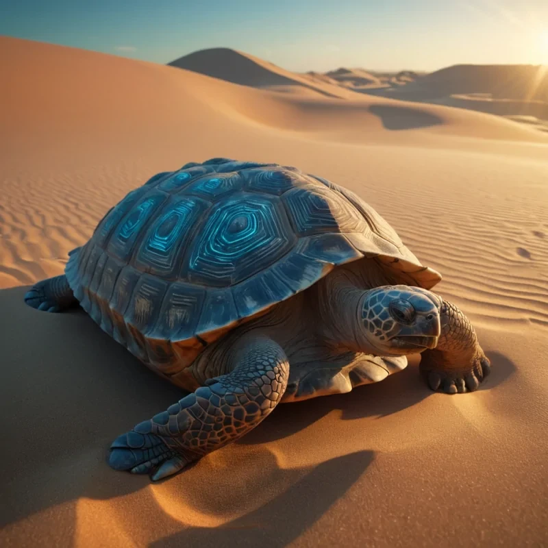 A giant, ancient tortoise swimming through a vast, underwater desert, its shell adorned with bioluminescent patterns that cast eerie, ethereal glows on the sand dunes below, hyperrealistic, 8K, cinematic lighting, volumetric lighting, atmospheric effects, dynamic lighting, bokeh effect, soft focus, lens flare, deep oranges, warm ambers, and glowing blues, detailed textures.