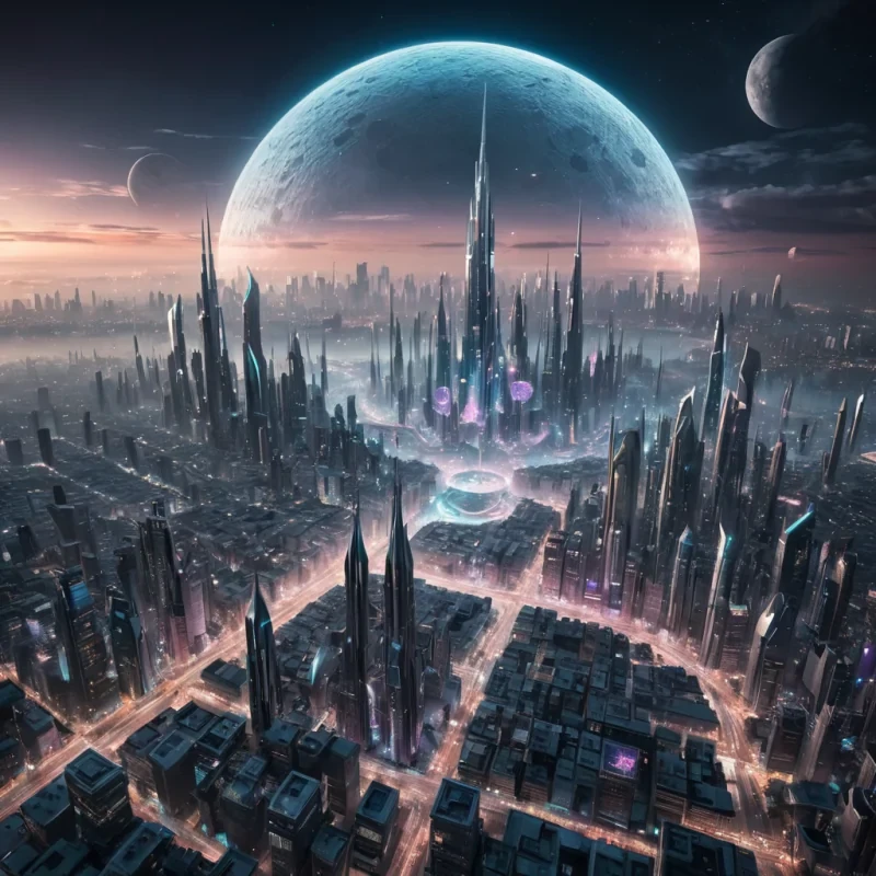 Ephemeral Metropolis A sprawling, futuristic cityscape, constructed entirely from delicate, iridescent crystal, shimmers under the Ultra HD glow of a triple moon system. The citys intricate, hyperrealistic architecture stretches towards the heavens, its detailed textures reflecting the dynamic, cinematic lighting of the alien sky. Volumetric lighting casts dramatic shadows, accentuating the citys towering spires and sprawling, geometric plazas. Atmospheric effects create a swirling, ethereal mist, obscuring the distant, neonlit skyline. The citys inhabitants, humanoid yet ethereal, glide gracefully through the streets, their translucent forms casting a soft, past