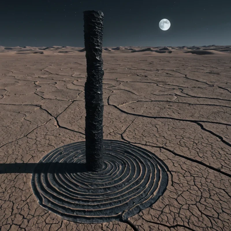 A single, rotating column of liquid obsidian and solidified moonlight rises from the center of a vast, inverted desert of crystallized silence, its structure not vertical but spiraling outward like the coils of a forgotten lullaby written in reverse. The column does not growit unfolds, revealing layers of compressed data not from the past, but from the future, each layer etched with the faint, ghostly script of decisions that have not yet been made. The desert beneath is not sandit is a thick, glassy expanse of solidified time, cracked in fractal patterns that reflect not the sky, but the shape of a question mark every time a breath passes. Above, the sky is not blueit is a
