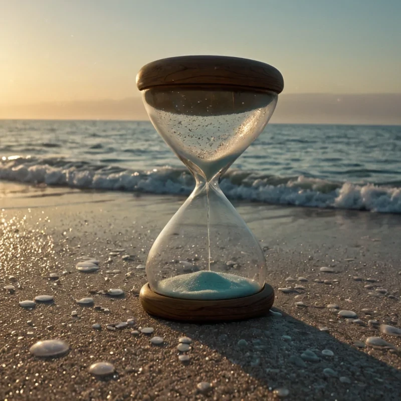 A single, colossal, translucent hourglass floats in the center of a vast, still ocean of solidified laughter, its sand composed of millions of tiny, iridescent bubbles that each contain a frozen moment of pure, unadulterated joya childs first laugh, a shared secret whispered in sunlight, a dancers leap captured midair. The hourglass is not glass, but carved from a single, seamless shard of polished moonlight, its neck etched with the faint, glowing script of a language that translates not words, but emotions into geometric patterns that shift with the observers breath. The ocean beneath is not water, but a dense, viscous gel made of compressed, crystalline mirth, its surface rippling with