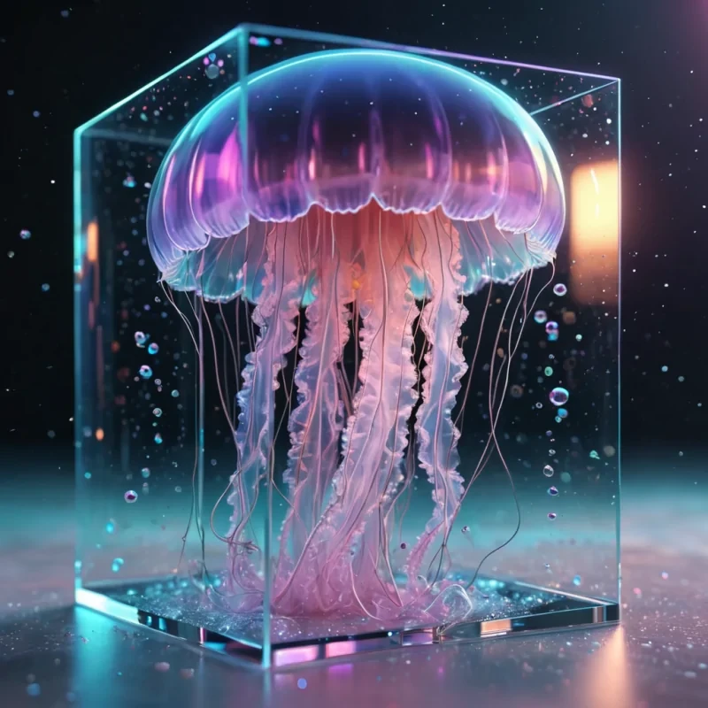 Hyperrealistic neon jellyfish with reflective metallic tendrils drifting in a cubic topaz chamber filled with shimmering quantum droplets, holographic bubbles floating in dynamic lighting, soft focus, pastel tones, 4K