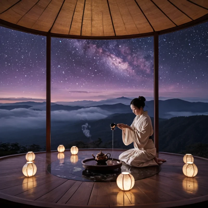 A horizontal, eyelevel wide shot of a serene, suspended tea ceremony pavilion constructed from seamless, translucent white porcelain and polished rose gold, floating within a dense, twilight nebula of swirling violet and indigo gas clouds. The pavilion features a minimalist, openair design with curved walls that gently filter the ambient starlight, creating a soft, ethereal glow inside. In the center of the circular floor, made of dark, reflective obsidian, a lone figure wearing a flowing, pale silver kimono with intricate, embroidered constellations kneels before a low, wooden table. The figure is carefully pouring steaming, goldenhued liquid from a slender, ceramic teapot into small, handblown glass cups that emit a faint,