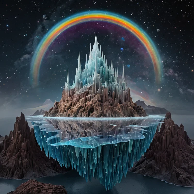 A colossal, floating island of solidified rainbows drifts silently through the upper atmosphere of a planet with no sun, its surface composed of layered prisms that refract the faint bioluminescence of the surrounding nebula into shifting, kaleidoscopic patterns. The islands edges are frayed with crystalline mist that evaporates into tiny, singing particleseach one a miniature harmonic resonator tuned to a different emotion. At its center stands a cathedral made of folded silence, its walls carved from compressed quietude, and its spires shaped like frozen whispers. Inside, a single, perfect mirror reflects not the interior, but the viewers own forgotten childhood memories in vivid, 3D holographic detail. Around the island, a
