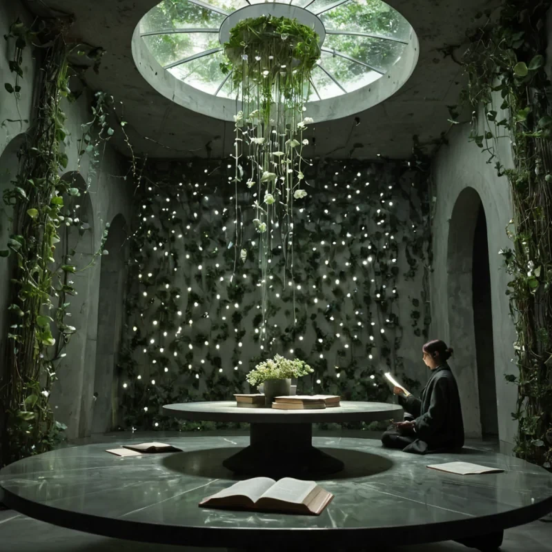 A hyperrealistic, eyelevel medium shot of a quiet, subterranean atrium constructed from smooth, pale limestone, where the ceiling is a vast, transparent membrane looking up into a bioluminescent fungal forest. The room is filled with suspended, vertical gardens of silverleafed succulents and trailing vines that glow with a soft, ethereal green light. In the center, a solitary figure wearing a structured, charcoalgrey coat with high, stiff lapels sits at a low, round table made of polished slate, carefully arranging a bouquet of crystalline flowers that refract light like prisms. The table holds a steaming ceramic cup and an open book with pages made of thin, flexible metal sheets. The lighting is cool