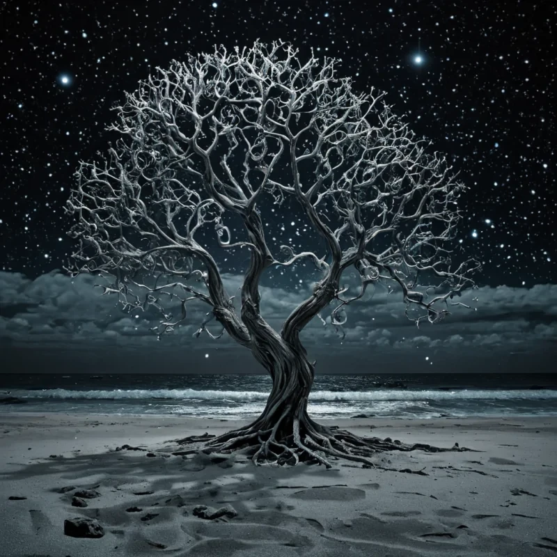 A single, selfreplicating tendril of solidified starlight emerges from the center of a vast, still ocean composed entirely of compressed, unrecorded dreams from a civilization that communicated through the temperature of unlit constellations. The tendril does not growit unfolds, its crystalline structure branching outward like a fractal tree of forgotten constellations, each node shaped like the negative space between two eyes that never gazed at the same sky, pulsing with the faint, infrared afterimage of a dream that was almost remembered. The ocean is not waterit is a layered expanse of petrified night, each wave etched with the emotional residue of a sleep that never came, its surface shimmering