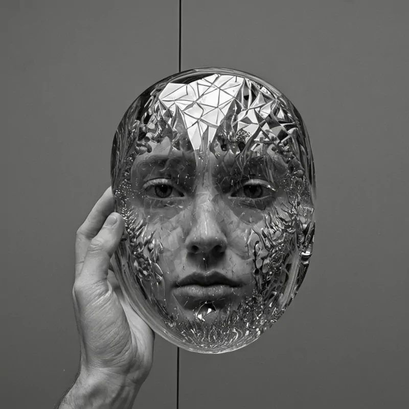 A single, selfreflecting mirror of reversed identity, shaped like a 19,847dimensional fractal of unformed selfhood and inverted recognition, floats at the center of a vast, inverted plaza of solidified anonymity. Each facet is carved from the exact moment between a face turning toward the glass and its refusal to reflect, a name being whispered and dissolving into nonresonance, a hand touching the surface and collapsing into pure, unmeasured nonecho. The mirror does not reveal the selfit unreveals it, each shattering plane shedding a layer of existential potential that never coalesced into gaze, recognition, or presence, reforming into ephemeral, opalveined mist that