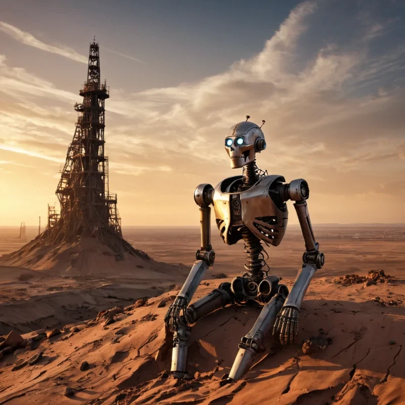 An Ultra HD, cinematic portrait of an elderly, wise robot, perched on a cliffs edge at sunset, overlooking a vast, abandoned industrial landscape. The robots metallic surface reflects the warm hues of the setting sun, casting long, dramatic shadows across the desolate expanse. The distant horizon reveals the skeletal remains of colossal, ancient machinery, halfburied in the rustred sands, with a lone, twisted metal spire reaching towards the heavens like a desperate plea for humanitys forgotten past.