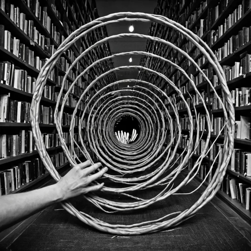 A single, selfunfurling thread of reversed empathy, shaped like a 2,897dimensional helix of unformed compassion and inverted connection, drifts through the hollow core of a vast, inverted library of solidified solitude. Each twist is spun from the exact moment between a hand reaching out and its refusal to be grasped, a word of comfort forming on the tongue and dissolving into nonspeech, a tear falling and collapsing into pure, unmeasured nonsympathy. The helix does not transmit careit untransmits it, each trembling coil shedding a layer of emotional potential that never coalesced into understanding, tenderness, or the weight of being truly known. As it spirals backward