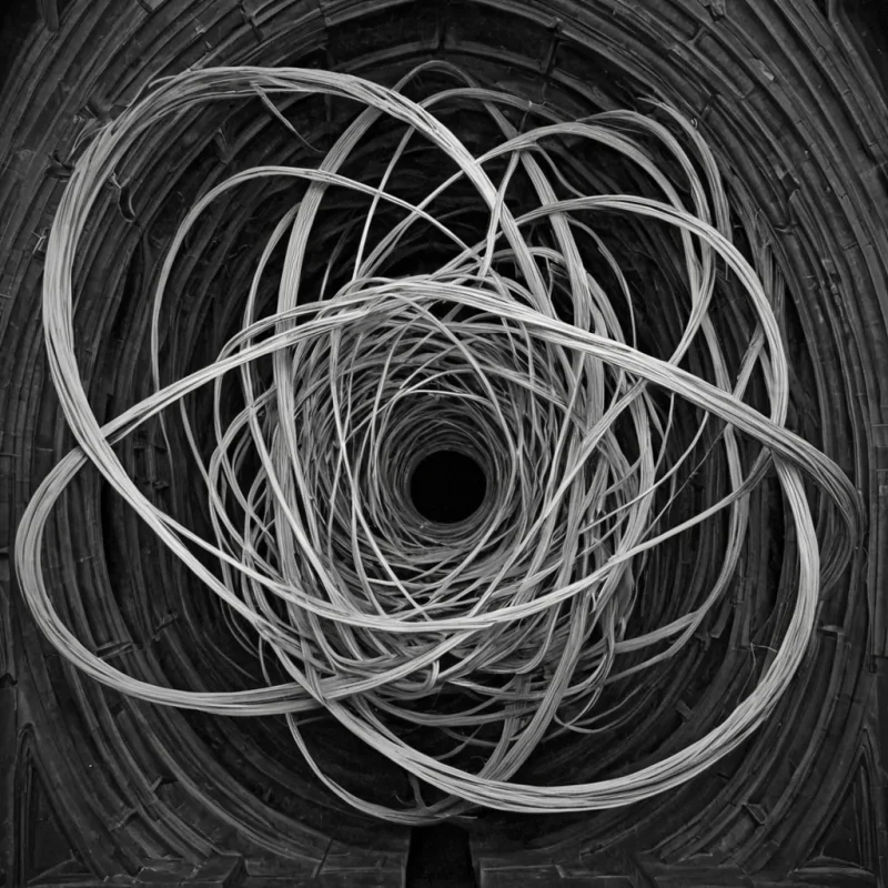 A single, selfilluminating knot of reversed silence, shaped like a 17,843dimensional tangle of unformed stillness and inverted quiet, pulses through the hollow core of a vast, inverted cathedral of solidified sound. Each strand is spun from the exact moment between a whisper forming in the throat and its refusal to travel through air, a song fading into the void and dissolving into nonresonance, a breath held in anticipation and collapsing into pure, unmeasured nonvibration. The knot does not contain silenceit uncontains it, each shimmering junction shedding a layer of auditory potential that never coalesced into trust, tenderness, or the weight of being truly known. As it drifts