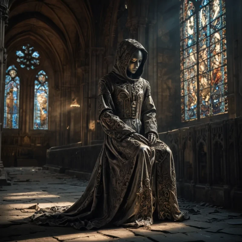 Photorealistic, Ultra HD portrait of a melancholic, sentient automaton, its metallic body adorned with intricate, tarnished filigree, sitting alone in a vast, abandoned cathedral, surrounded by towering, gothic arches and faded, stainedglass windows, with cinematic lighting casting dramatic shadows and emphasizing the intricate, steampunkinspired design, and a subtle, cool bokeh effect creating a sense of isolation and melancholy, as a lone, spectral comet streaks across the night sky, its glowing tail leaving a trail of stardust in its wake, while a spectral, ethereal figure, cloaked in a tattered, hooded robe, stands silently at the edge of