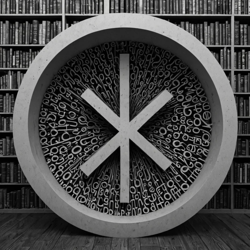 A single, selfrewriting glyph of reversed language, shaped like a 9,174dimensional script of unformed syntax and inverted meaning, pulses through the hollow core of a vast, inverted library of solidified silence. Each character is spun from the exact moment between a word forming on the tongue and its refusal to be spoken, a sentence taking shape in thought and dissolving into noncoherence, a heartbeat syncing with the rhythm of a forgotten dialect and collapsing into pure, unmeasured noncommunication. The glyph does not convey meaningit unconveys it, each shimmering rune shedding a layer of linguistic potential that never coalesced into truth, story, or the weight of being understood. As it drifts backward through