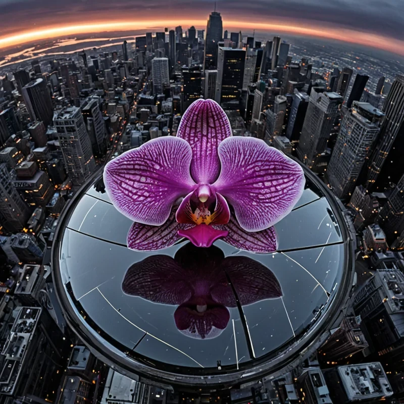 A single, colossal, mirrored orchid blooms in the center of a vast, inverted cityscape suspended in the event horizon of a quantumlocked black hole, its petals not made of petal but of solidified radio silenceeach one a perfect, reflective surface capturing the exact moment a signal was about to be transmitted, compressed into a dense, iridescent layer that refracts the light of a thousand dead stars into the shape of a single, unblinking eye. The city beneath is not built of concrete or steel, but of shattered, selfreplicating clocks frozen midtick, their gears not turning but unwinding in reverse, releasing a slow, harmonic wave of time that flows backward through the air like