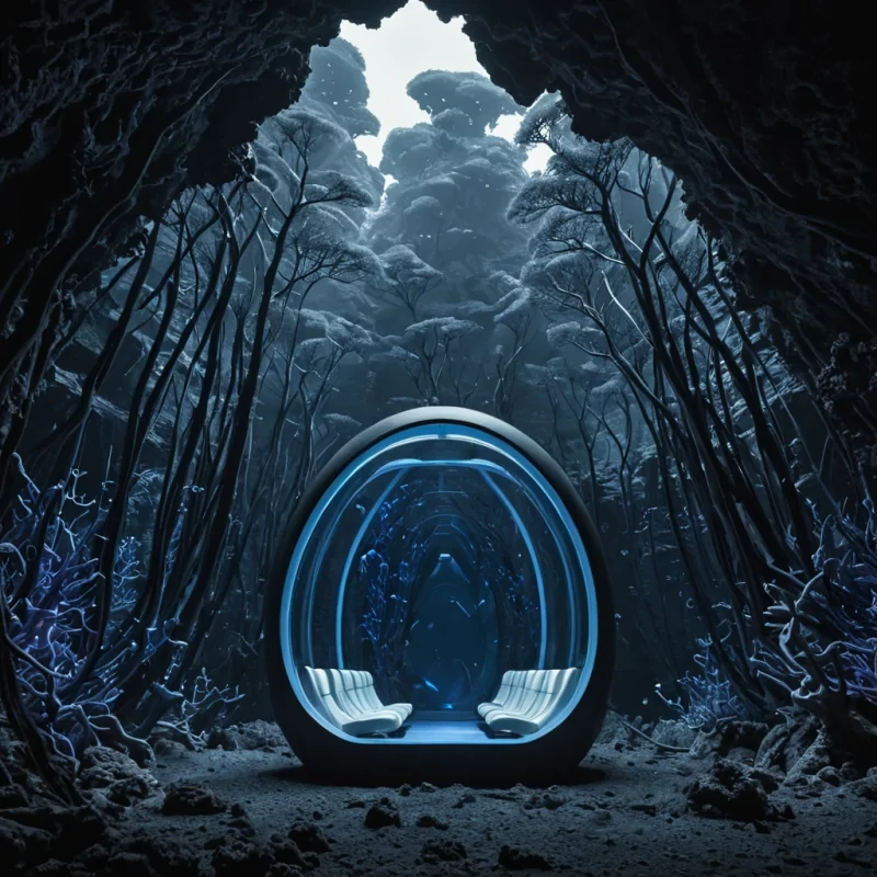 A cinematic, lowangle tracking shot of a colossal, suspended transit pod gliding silently through a dense, fogchoked canyon of bioluminescent coral spires. The pod is constructed from seamless, matte charcoal composite material, featuring a long, elongated, teardrop shape with a single, panoramic, curved window made of reinforced sapphire glass that reflects the surrounding electric blue and neon purple hues of the coral forest. Inside the pod, visible through the glass, are rows of minimalist, white molded seats occupied by diverse, anonymous figures in monochromatic attire, all gazing quietly out at the passing scenery. The coral spires outside are not plants but mineralized, crystalline structures that pulse with a rhythmic, soft glow,