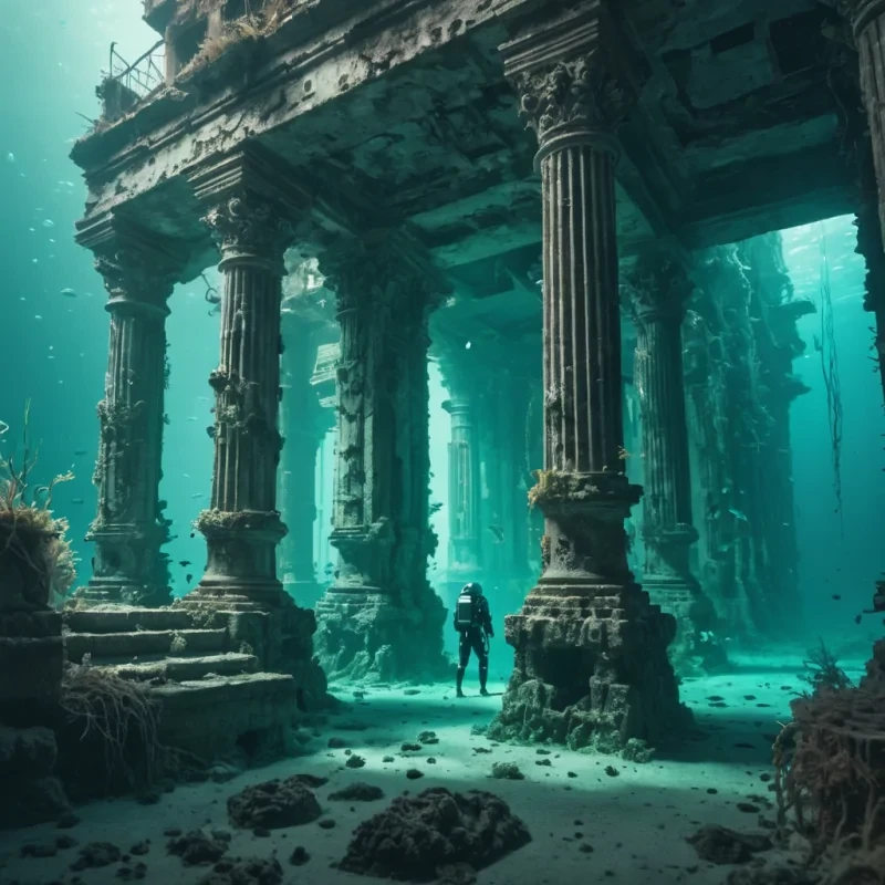 A vast, abandoned underwater cityscape, where bioluminescent algae illuminate crumbling architecture, a lone, robotic diver explores the ruins, hyperrealistic, 4K, cinematic lighting, atmospheric effects, soft focus, pastel tones, detailed textures.