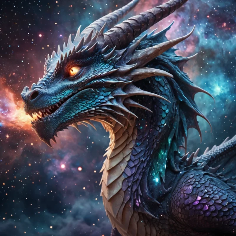 A hyperrealistic, 4K, ultra HD portrait of a celestial dragon, its scales shimmering with the iridescent hues of a nebula. The dragons eyes, a molten silver, hold the essence of cosmic power. Its wings, a cascade of starlight and cosmic dust, gently flutter with an otherworldly grace. The background is a surreal, stardustinspired landscape of swirling, ethereal hues, with distant galaxies and cosmic phenomena casting a soft, celestial glow. Cinematic lighting accentuates the dragons majestic features, while a subtle bokeh effect blurs the cosmic backdrop, creating an enchanting atmosphere.