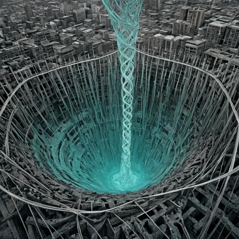 A single, selfilluminating tangle of solidified wind currents coils through the hollow core of a suspended, inverted cityscape built from the fused remains of a thousand bridges that never connected, its strands not gaseous but woven from the chromatic residue of a breath exhaled across a chasm that never formed. The tangle does not driftit undrifts, each pulse retracting a century of air movement into its core, condensing into a dense, turquoise vortex that resonates with the harmonic frequency of a sigh carried on a current that never reached the shore. The citys towers are not steelthey are hollowedout spires of petrified motion, each etched with the thermal afterimage of a shadow