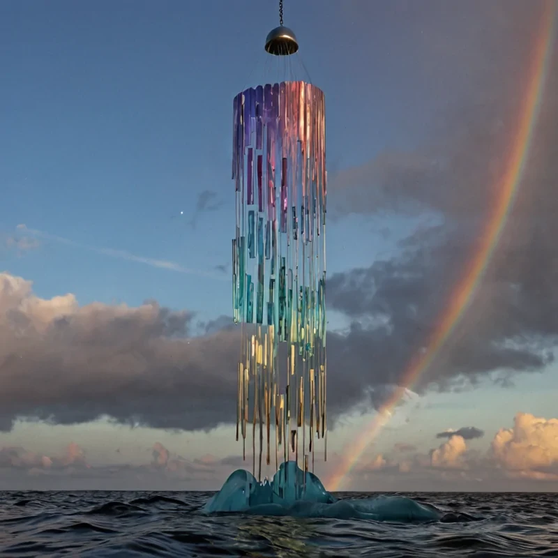 A single, floating island of solidified wind chimes made of tempered glass and woven twilight drifts in a sky of inverted rainbows, its surface not flat but rippled like a frozen wave, each chime a different frequency of silence shaped into the form of a forgotten language. The island does not rest on cloudsit floats above a sea of liquid memory, where ripples are not water but the afterimages of unspoken confessions, each one dissolving into a new constellation of regret, hope, or quiet resolve. At its center, a hollow, spiraling tower made of compressed breath rises, not to touch the sky, but to collect the sound of time passingeach ring of the tower etched with the shape of a moment