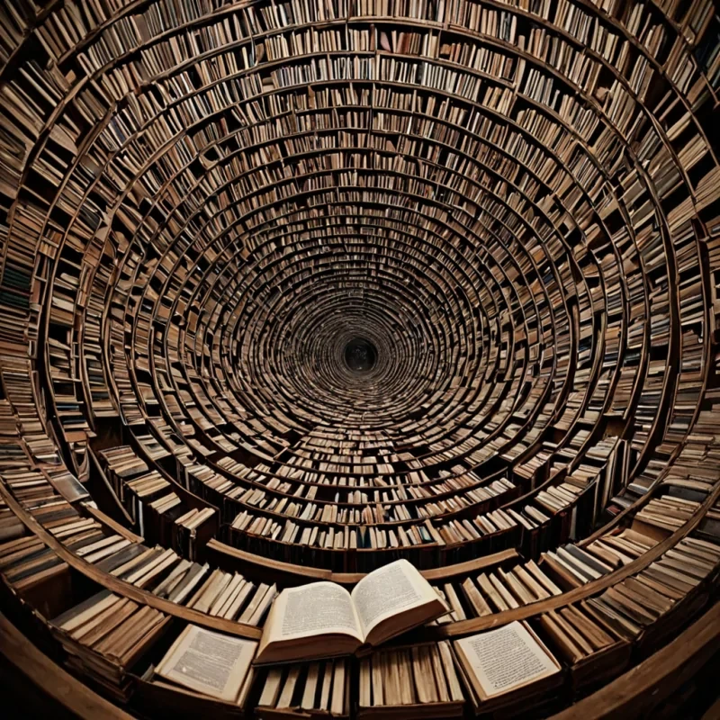 A single, selferoding library of reversed silence, shaped like a 9,127dimensional labyrinth of unformed stillness and inverted acoustics, floats at the center of a vast, inverted ocean of solidified soundwaves  each book bound from the exact moment between a word forming in the mind and its refusal to be spoken, a whisper escaping the lips and dissolving into nonvibrational emptiness, a song beginning in the chest and collapsing into pure, unmeasured nonresonance. The library does not contain stories  it uncontains them, each crumbling shelf shedding a layer of linguistic potential that never coalesced into audible meaning, reforming into ephemeral, obsidianveined afterimages shaped