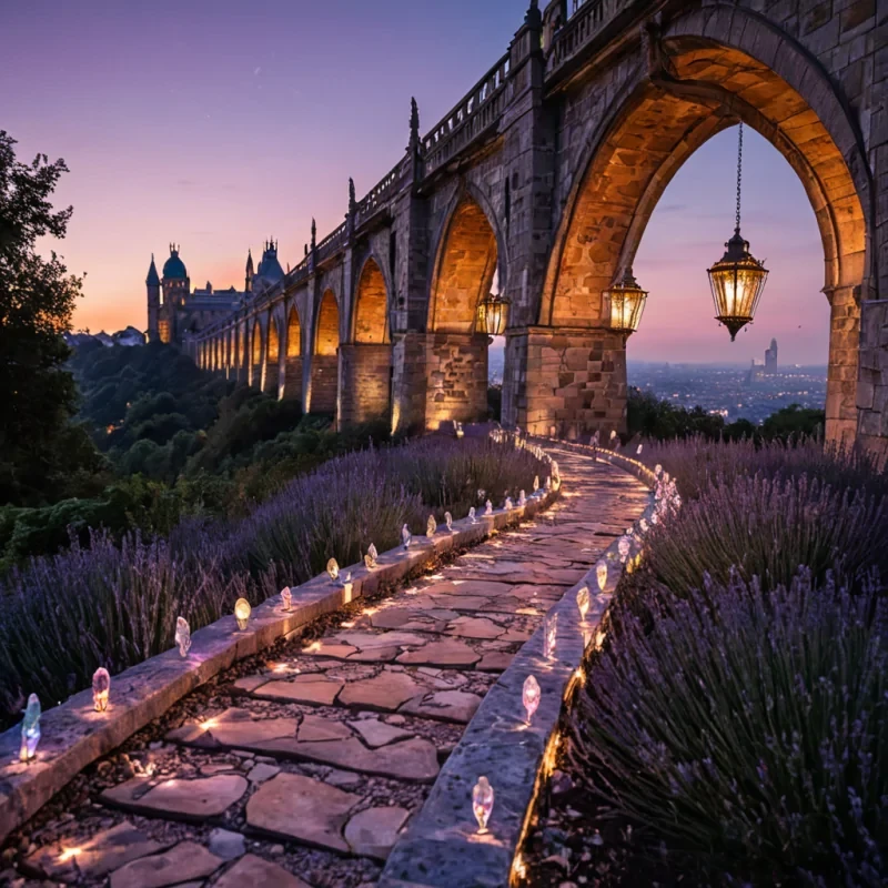 A luminous, crystalline meetrolley glides smoothly along a twisting pathway, its exterior encrusted with iridescent gemstones that refract and bounce streams of light across the surrounding landscape. In the distance, a bustling cityscape stretches beneath a twilight sky, its spires and towers illuminated by warm, inviting lights that blend with the pastel hues of the evening. The path itself is a marvel, a winding viaduct of lavender stone punctuated by intricately carved grazing squirrels that peep curiously from hidden crevices. Scattered lanterns, their frames crafted from swirling golden metal, dangle beside the viaduct, casting soft, shimmering cones of light. As the meetrolley moves forward, a gentle
