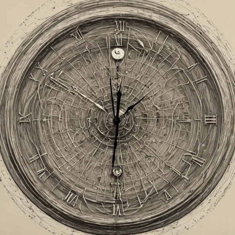 A single, selfilluminating knot of reversed time, shaped like a 17,301dimensional tangle of unformed chronology and inverted causality, pulses at the center of a vast, inverted lighthouse of solidified stasis  each beam carved from the exact moment between a clocks hands spinning backward and their refusal to rewind, a memory forming in reverse and dissolving into nonsequential stillness, a heartbeat syncing with a frozen pendulum and collapsing into pure, unmeasured nonprogress. The knot does not measure duration  it unmeasures it, each fraying thread shedding a layer of temporal potential that never coalesced into linear experience, reforming into ephemeral, cobaltveined after