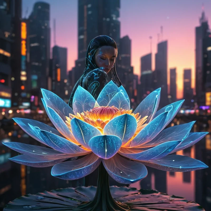 A hyperrealistic, 4K portrait of a sentient, levitating, neonlit holographic lotus, its ethereal form pulsating with intricate, bioluminescent fractal patterns, set against a sprawling, cyberpunk metropolis at dusk, with volumetric lighting casting dramatic shadows and emphasizing the lotus dynamic, fluid movements, and a subtle, warm bokeh effect creating a sense of isolation and mystery.