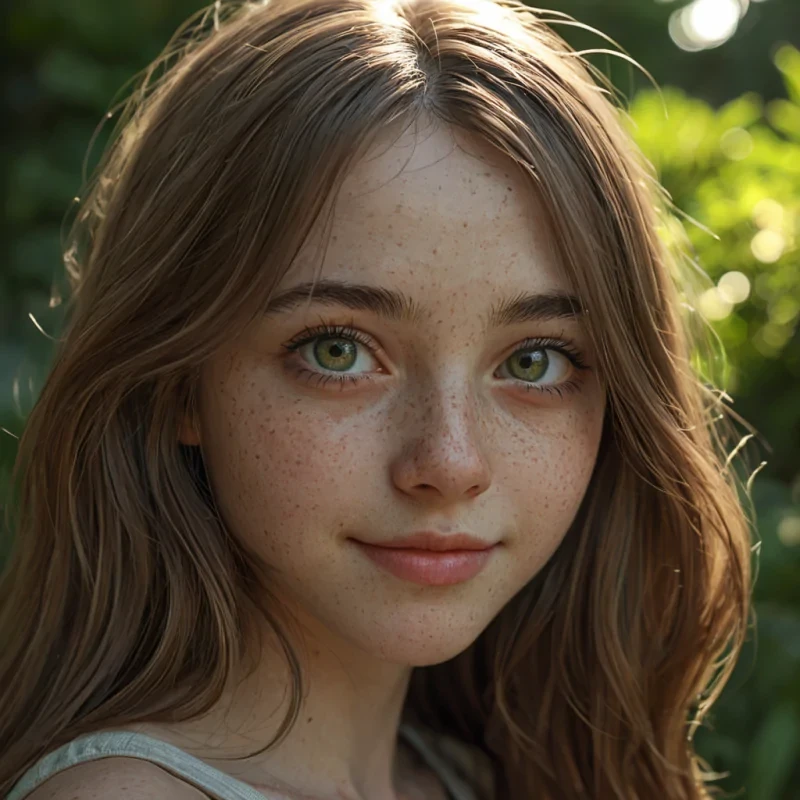 A hyperrealistic, photorealistic full body photo of a cute animefaced teen girl with soft, delicate features, large expressive eyes with detailed irises and natural reflections, a gentle, warm smile revealing slightly parted lips, and smooth, flawless skin with subtle freckles. She has long, flowing hair with natural highlights, softly framing her face. The lighting is soft, natural daylight coming from a window, creating gentle shadows and a luminous glow on her face. The background is a softly blurred outdoor garden with green foliage and dappled sunlight, enhancing the serene and peaceful mood. The image is ultradetailed, 8k resolution, cinematic lighting, with high dynamic range and lifelike textures. Art style photorealistic with animeinspired facial proportions, emphasizing realism while retaining the charm of anime aesthetics. Camera perspective closeup portrait, slightly angled, capturing her face and shoulders, with a shallow depth of field. Wellgenerated, highdetailed face, hyperrealistic face, no watermarks or text in the image.