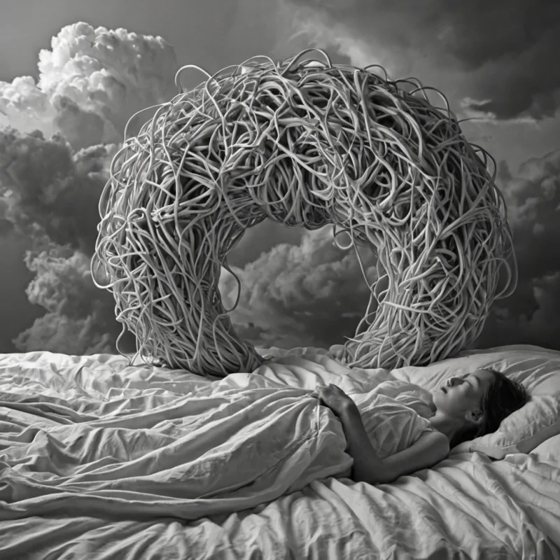 A single, selfoscillating knot of reversed dreams, shaped like a 3,417dimensional tangle of unformed sleep and inverted slumber, pulses at the center of a vast, inverted dreamscape of solidified wakefulness  each cloud carved from the exact moment between a mind drifting into unconsciousness and its refusal to surrender, a lullaby fading into silence and dissolving into nonmelodic stillness, a heartbeat syncing with a distant lull and collapsing into pure, unmeasured nondrowsiness. The knot does not generate dreams  it ungenerates them, each fraying strand shedding a layer of somnolent potential that never coalesced into imagined worlds, reforming into ephemeral