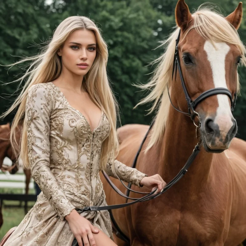 A modern handsome king with hardly dressed beautiful blonde women with long hair on horses along with beautifully dressed beautiful blonde women with long hair