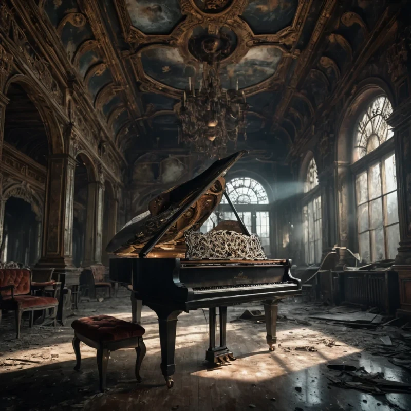 A hyperrealistic, 4K portrait of a melancholic, sentient automaton playing a haunting melody on a grand piano in an abandoned, moonlit concert hall, its metallic gears visible through its glass body, surrounded by decaying velvet seats and a vaulted ceiling adorned with intricate, faded frescoes, with cinematic lighting casting dramatic shadows on its intricate, steampunkinspired design, and a subtle, cool bokeh effect creating a sense of isolation and longing.