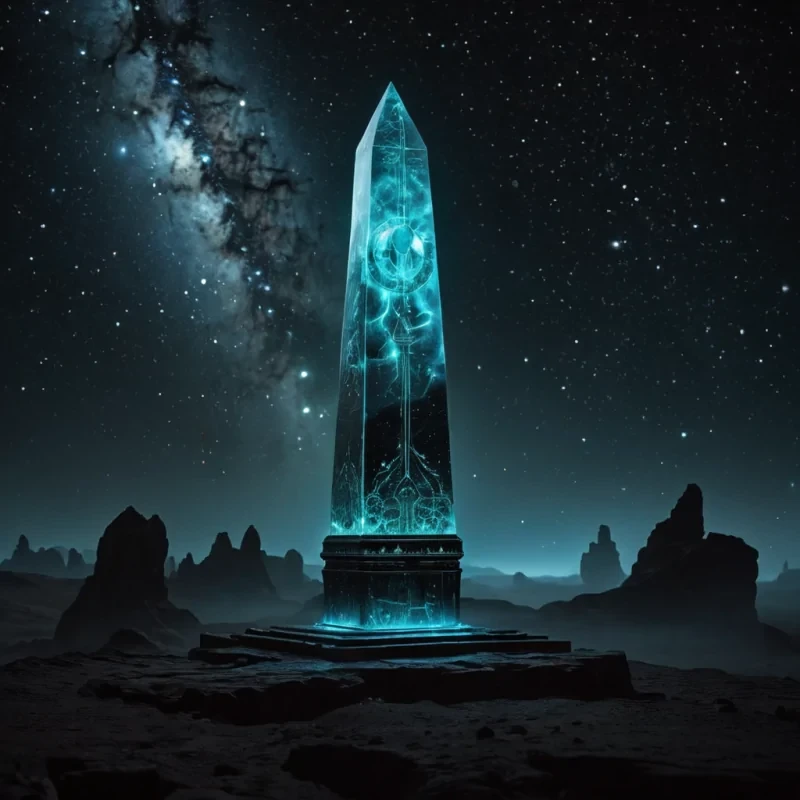 An enigmatic, levitating, colossal, ancient obelisk, carved from a single, luminescent, otherworldly gemstone, floats silently amidst an endless, starless, obsidian void. Its surface, adorned with intricate, shifting, holographic constellations, casts an ethereal, pulsating glow, revealing fleeting, ghostly apparitions of celestial bodies. Captured in Ultra HD with cinematic lighting, atmospheric effects, and vibrant colors, evoking a sense of cosmic mystery and tranquility.
