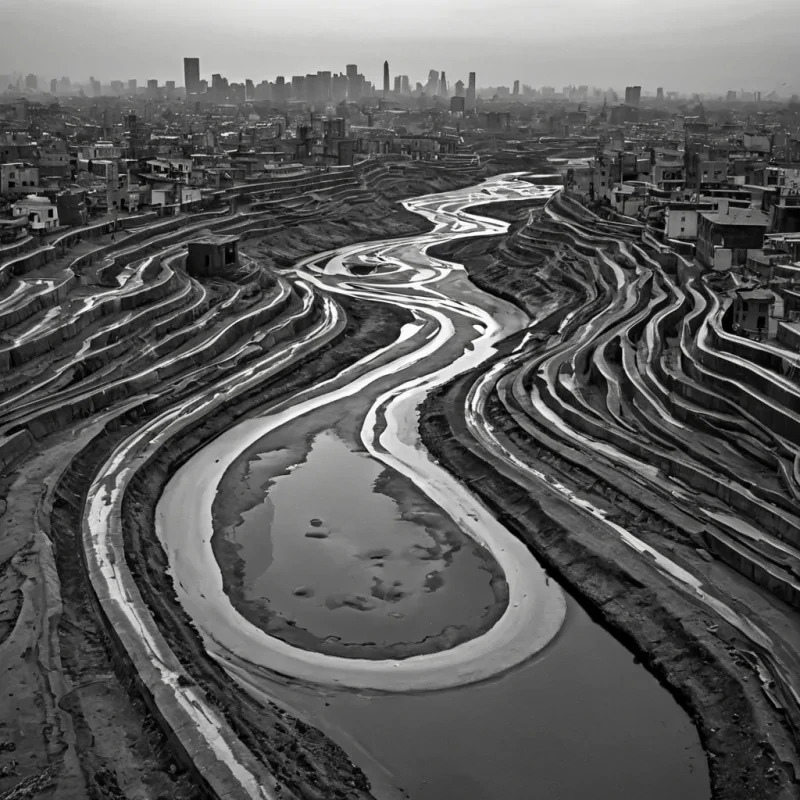 A single, selfrewinding river of solidified memory, shaped like a 43dimensional helix of inverted nostalgia and unformed recollection, flows backward through the center of a vast, inverted cityscape built from the petrified moments of a civilization that measured identity through the duration of synchronized, silent breaths held just before the first name was ever whispered. The river does not erodeit unremembers, each ripple dissolving a layer of experiential potential that never coalesced into a shared past, reforming into ephemeral, topazthreaded afterimages shaped like the negative space between two lips that never parted in the same moment of mutual confession. The city is not urbanit is a stratified expanse