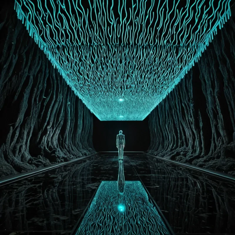 A wideangle, photorealistic view of a vast, subterranean cavern where the ceiling is a mosaic of millions of polished, mirrorfinished black basalt tiles, perfectly reflecting a forest of luminous, bioluminescent fungi growing on the floor below, creating an infinite vertical loop of light and shadow. The fungi are not mushrooms but delicate, glasslike structures resembling chandeliers, emitting a soft, cool cyan glow. In the foreground, a solitary figure stands on a narrow, suspended bridge made of woven carbon fiber, wearing a reflective silver suit that mirrors the surrounding environment, making them appear as a fragmented, liquid extension of the landscape. The air is thick with a fine, glowing mist that diffuses the light, creating a