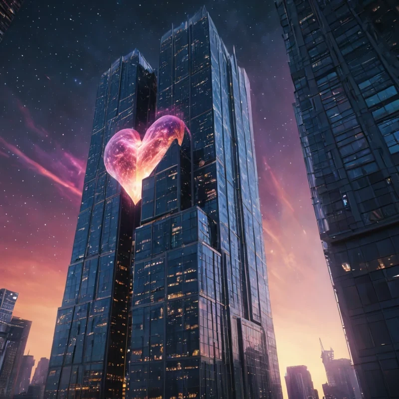 Photorealistic, titanic, nebulabloom skyscraper, its hyperrealistic, 4K, glasslike facade revealing ultra HD, pulsating, neonlit, alien ecosystems within. Volumetric lighting from unseen, celestial bodies etches the skyscrapers ethereal, geometric architecture, casting intricate, dynamic, nebulalike shadows on the inverted, reflective void. Cinematic lighting bathes the scene in vibrant, otherworldly hues, with lens flare emphasizing the skyscrapers central, radiant, throbbing, nebula heart, pulsating with captive, extraterrestrial energy.