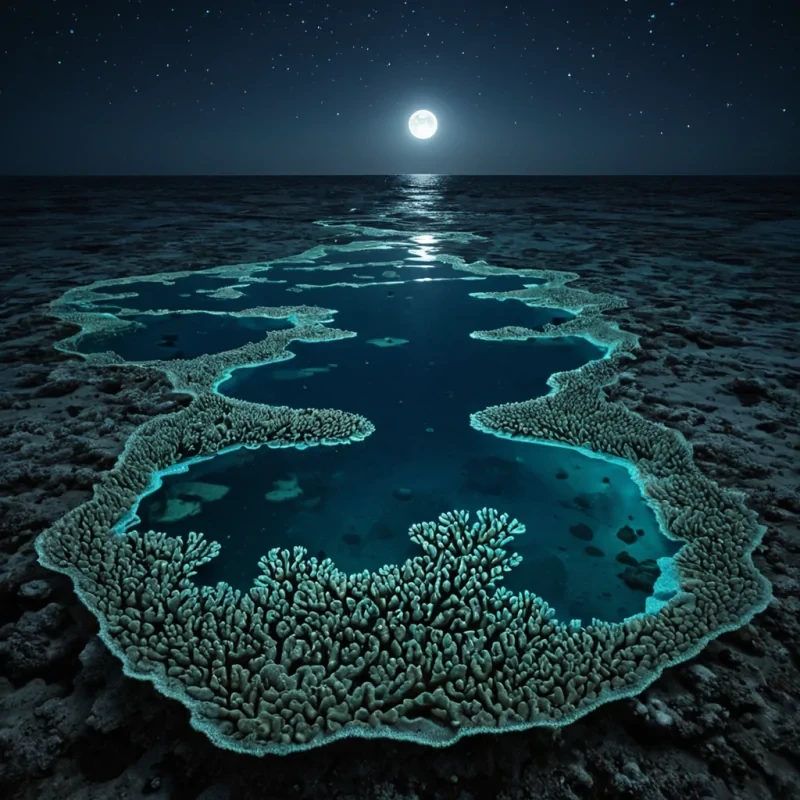 A single, floating archipelago of translucent, bioluminescent coral reefs drifts in the center of a vast, still expanse of liquid moonlight, each reef not made of calcium carbonate but of solidified dreams from a civilization that communicated through the scent of unlit stars. The reefs do not growthey pulse, expanding and contracting with the rhythm of a breath that never existed, their branches shaped like the negative space between two hands reaching across a chasm of forgotten time. The liquid moonlight is not waterit is a thick, viscous medium of unobserved tides, each ripple revealing the ghostly outline of a shoreline that never formed, glowing with the faint, shifting hues of a language spoken only in the silence after