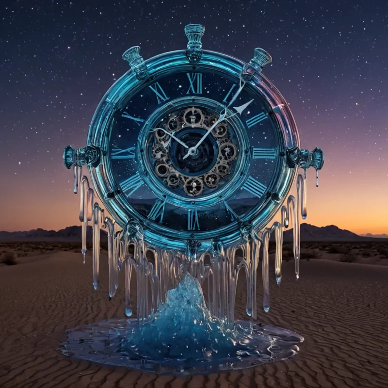 A colossal, selfrepairing clock made of solidified rainbows hangs suspended in the middle of a desert of liquid time, its gears composed of frozen, iridescent tears that refract the light of a thousand unlit stars. The clock does not tickit sings, emitting a low, harmonic hum that resonates with the frequency of a single, forgotten breath. Around it, the desert flows like molten glass, each ripple revealing the faint, ghostly outlines of cities that never stood, their architecture rendered in the language of halfremembered lullabies. The sky above is a deep, shifting indigo, not of night, but of absencea void so complete it absorbs sound, light,