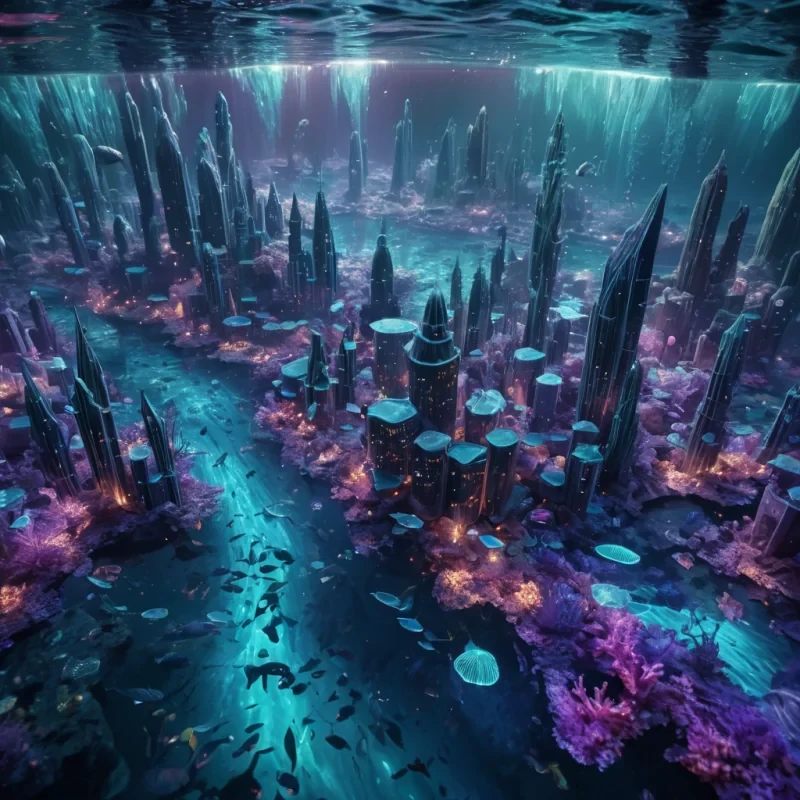 A hyperrealistic, 4K, ultra HD depiction of a surreal, underwater cityscape teeming with bioluminescent life. The citys iridescent, crystalline structures rise from the ocean floor, their facets shimmering with a kaleidoscope of electric blues and purples. Volumetric lighting from the pulsating, living coral casts a mesmerizing glow on the diverse, aquatic inhabitantsethereal merfolk with translucent, scalelike skin and mesmerizing, bioluminescent patterns. Photorealistic, zerogravity schools of exotic, luminescent fish drift in a surreal ballet above the shimmering, subterranean rivers. In the heart of the city, a towering, crystalline formation resembling an ancient