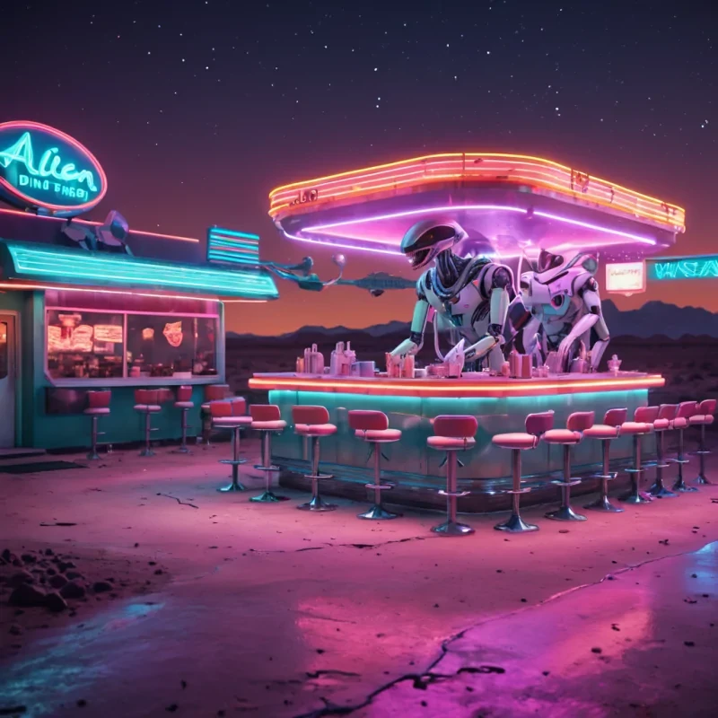 A neonlit, retrofuturistic diner in a desert wasteland, where robotic waiters serve glowing, neon cocktails to alien patrons, hyperrealistic, 4K, cinematic lighting, volumetric lighting, atmospheric effects, dynamic lighting, bokeh effect, soft focus, lens flare, vibrant colors, detailed textures.