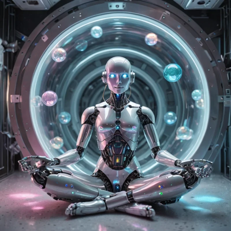 A sentient, crystalshaped robot meditating in a zerogravity chamber filled with floating, iridescent orbs, hyperrealistic, Ultra HD, volumetric lighting, atmospheric effects, soft focus, pastel tones, detailed textures.