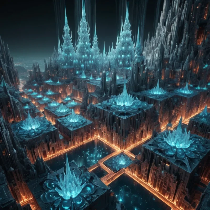 A hyperrealistic, 4K, ultra HD depiction of an opalescent, crystalline underground city, its geometric structures and undulating spires etched in intricate, fractal patterns. Volumetric lighting from a distant, pulsating, bioluminescent source bathes the scene in a mesmerizing symphony of vibrant, prismatic hues. Cinematic lighting accentuates the citys central, radiant, luminescent pool, its rippling, liquid surface casting ethereal reflections on the surrounding, geometric formations. Photorealistic, fractal, zerogravity water formations unfurl in a surreal dance, creating an otherworldly, aquatic ballet.