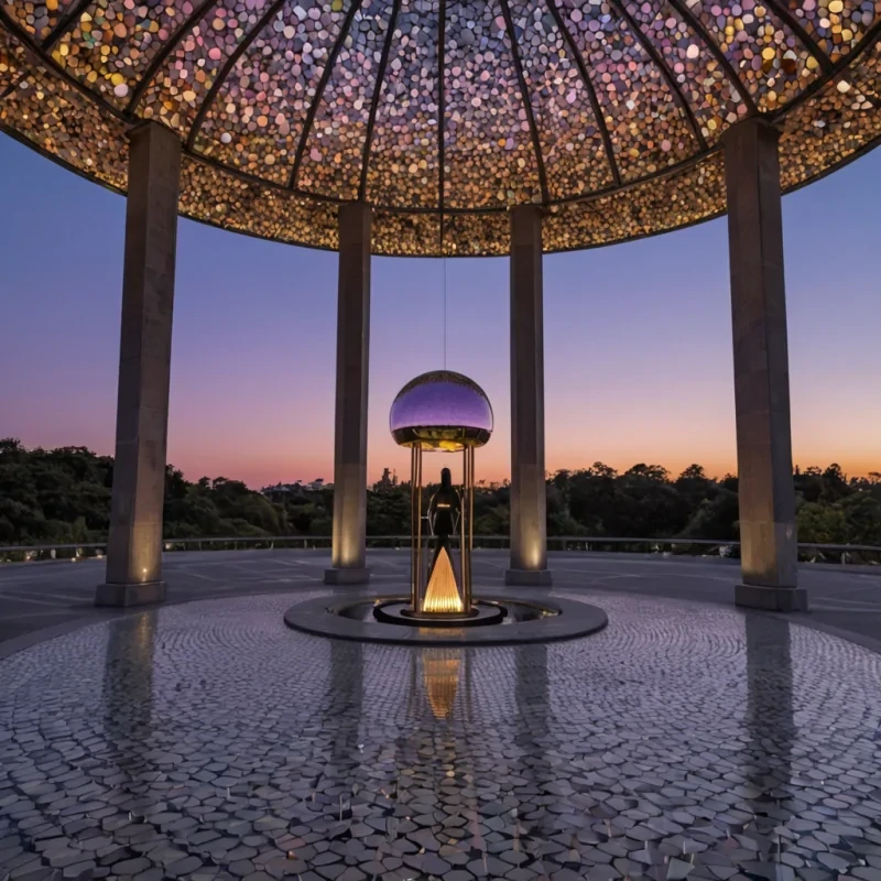 A highangle, symmetrical shot of a massive, circular plaza paved with hexagonal tiles of iridescent motherofpearl that reflect a twilight sky shifting from deep violet to soft pink. In the center stands a minimalist, white concrete pavilion with a domed roof made of etched frosted glass, housing a single, suspended sphere of liquid crystal that rotates slowly, refracting the ambient light into prismatic beams. Surrounding the pavilion are twelve towering, slender obelisks made of dark, polished obsidian, each topped with a floating, geometric ring of brass that emits a faint, warm amber hum. In the foreground, a figure wearing a flowing, silk kimono in muted sage green sits crosslegged on a low